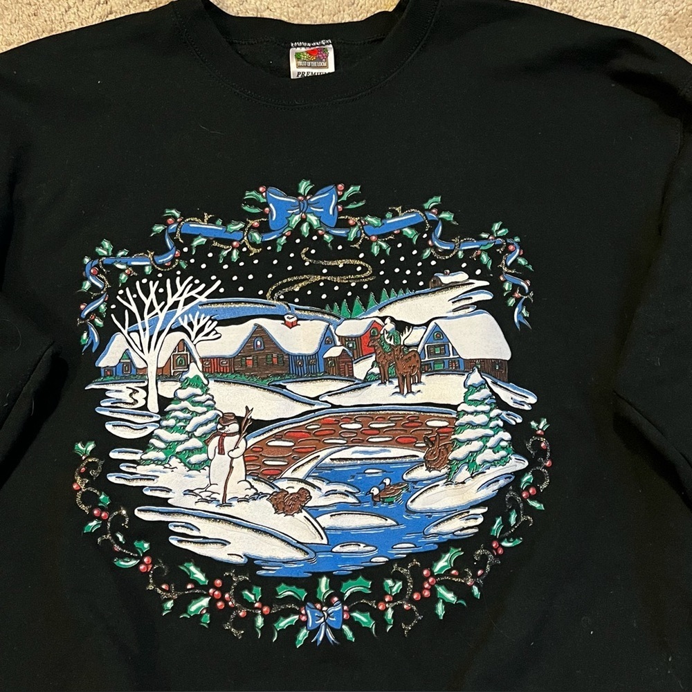 Vintage Christmas Sweatshirt Snowy Village Holly Bows Fruit of the Loom Black XL